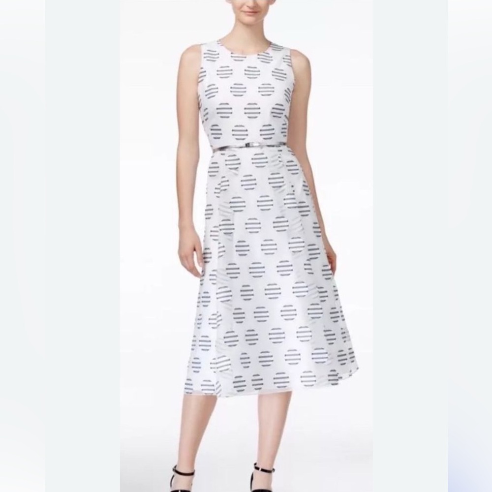 Calvin Klein Elegant White and Black Midi Dress Size: 12